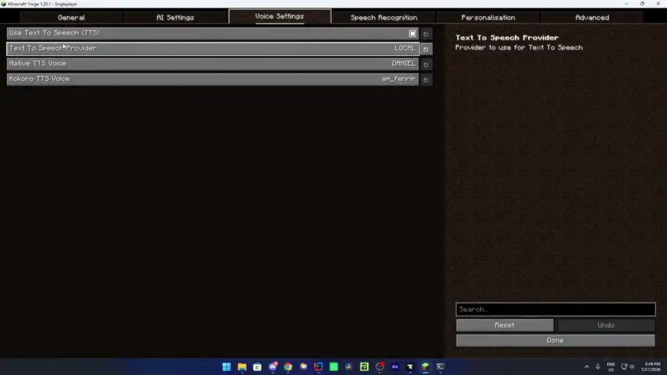 Verity mod voice and TTS settings